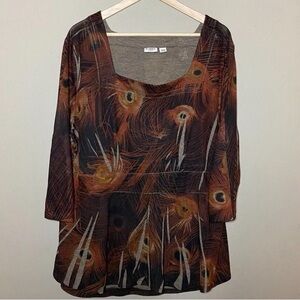 Cato Blouse Women Size 26/28W Brown Orange Print 3/4 Sleeve Polyester Spandex